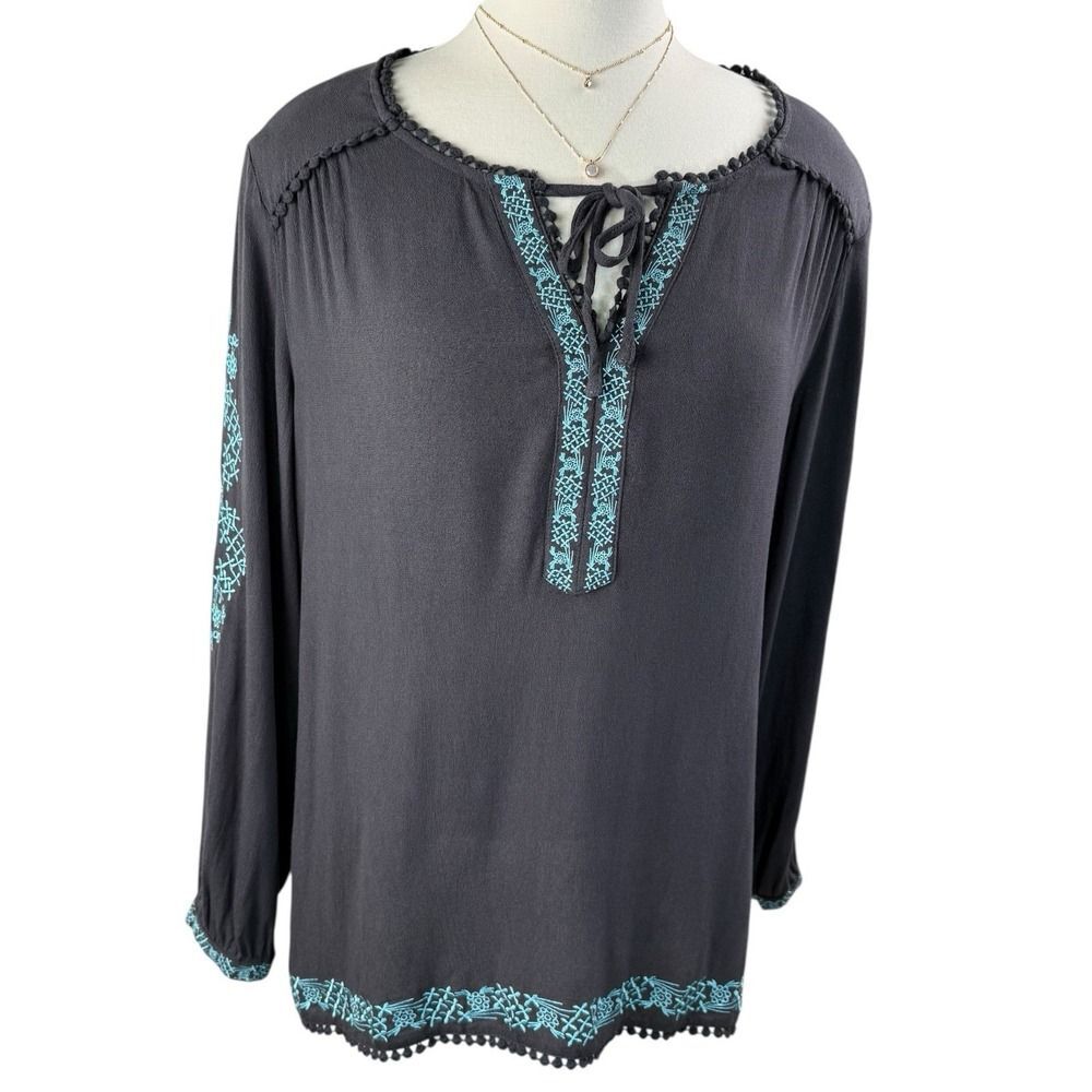 Paparazzi Womens Large Black Tunic Top Boho Embroidered Rayon Festival Blouse